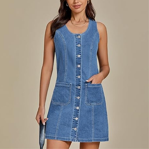 Robe en jean extensible décontractée pour femme, été 2025, silhouette droite sexy, délavage foncé, courte, sans manches, avec poche plaquée - Product Image 2