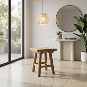 Taburete Pequeño de Madera de Teca Maciza de Grado Alimenticio, Asiento de Madera Rústico Hecho a Mano, Decoración Minimalista para el Hogar, Acabado Natural, Mueble Resistente - Product Image 2