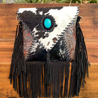 Nouveau sac à main à franges en cuir de vachette, sac bandoulière tendance en cuir de vachette, sac à bandoulière élégant avec pierres turquoise, cadeaux