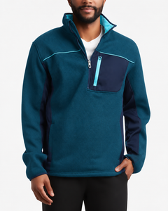 Suéter de punto con cremallera de un cuarto de cuello para hombre TESSUTO, color verde azulado, con paneles laterales azul marino, ribete acuático, bolsillo con cremallera y cuello alto, tipo jersey de golf. - Product Image 1