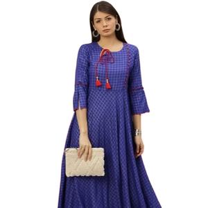 Kurta Anarkali Azul a Cuadros de Rayón para Mujer con Cuello Redondo y Mangas Acampanadas Estilo Helado, Diseño Étnico Global Informal - Product Image 1