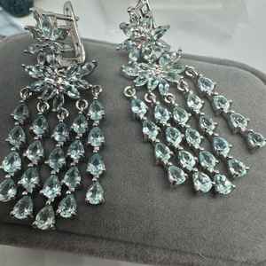 Pendientes de aguamarina con diseño floral, piedras preciosas naturales, pendientes colgantes de plata de ley, joyería de lujo para mujer - Product Image 1