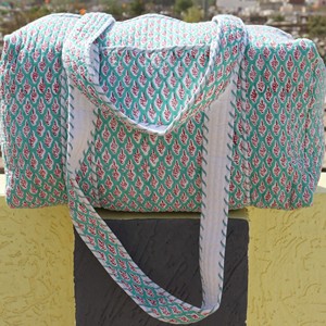 Quilted Travel Duffle <b>Bag</b> With Red Floral Print On Teal Background Large Capacity Weekender Style Polyester Lining Zipper - Product Image 3