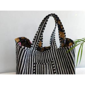 Bolsa de Mano de Algodón Hecha a Mano con Estampado de Bloques, Cierre de Cremallera, Estilo Boho, Reutilizable, para Compras, para Mujer - Product Image 5