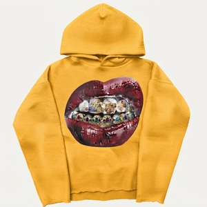 Sweat à capuche blanc coupe classique avec imprimé artistique des lèvres sur le devant, imprimé numérique, unisexe, décontracté, tricoté, 100 % coton, pour l'hiver - Product Image 3