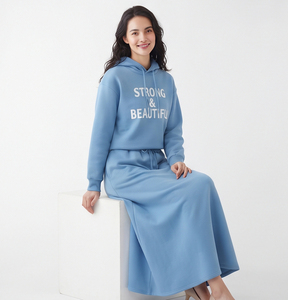 Women's Long Sleeve Hooded Ladies Print Drawstring Waist Floor-Length Casual Style 100% Cotton Knitted Fleece <b>Skirts</b> Set Ladies - Product Image 2