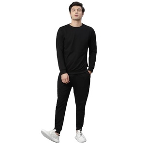 Men's Black Cotton Tracksuit <b>Set</b> Crewneck Sweatshirt Jogger Pants Casual Autumn Wear Breathable <b>Knitted</b> Solid Breathable - Product Image 1