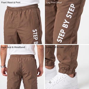 Pantalones de senderismo a prueba de viento con estampado de letras marrones para hombre, pantalones deportivos informales con cintura elástica, pantalones de nailon con diseño estampado de "Step By Step" para hombre - Product Image 5