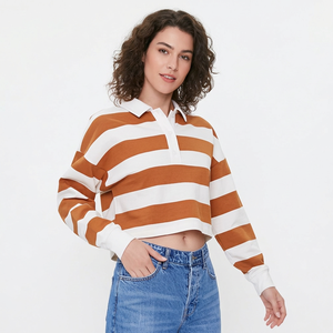 Striped Long Sleeve Crop <b>Polo</b> Shirt <b>Men's</b> Casual Woven Button Front Orange <b>White</b> Design - Product Image 2