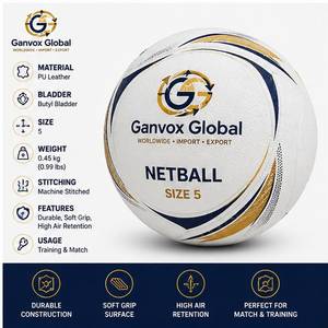 GANVOX GLOBAL <b>Size</b> <b>5</b> <b>Netball</b> White Gold Blue PU Leather Butyl Bladder Lightweight Stitched Basketball Training Match Promotion - Product Image 4