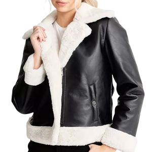 Chaqueta de Mujer Estilo Racer de Piel Sintética, Color Sólido, Cierre de Cremallera, Forro de Sherpa, Cuello Camisero, Ropa de Abrigo para Otoño e Invierno, Corte Regular - Product Image 4
