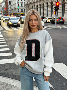 Sudadera Oversize de Cuello Redondo para Mujer, Gris y Blanca, Hombros Caídos, Bordado Personalizado con Letras Griegas, Sudadera de Punto de Mezcla de Algodón - Product Image 3