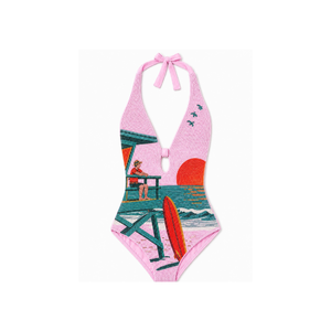 Combinaison perlée avec broderie représentant des animaux marins et bretelles au dos, décolleté en V, tissu coton/spandex, maillot de bain une pièce de haute qualité pour femmes - Product Image 5