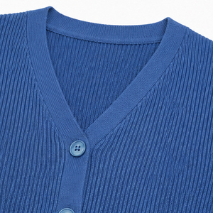 Women's Blue V-Neck Cardigan Full Sleeve Knitted Sweater Casual Autumn Wear Anti-Pilling 100% Acrylic <b>Single</b> Breasted - Product Image 5