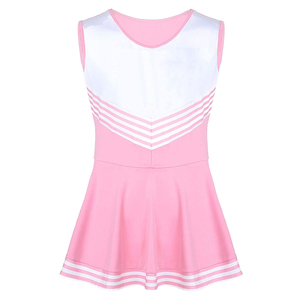 Robe d'uniforme de cheerleading rose imprimée par transfert thermique, style jupe à blocs de couleurs avec rayures blanches, 100 % polyester, couleur personnalisable pour - Product Image 1