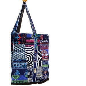 Custom Design Patchwork Quilted Silk Tote Bag Large Floral Pattern Women's Beach Shoulder Handbag blue color silk Bag - Product Image 4
