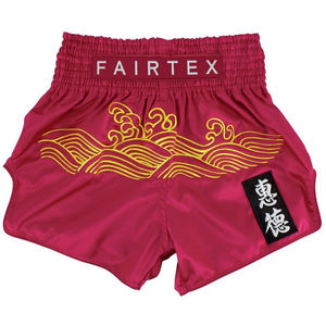 กางเกงมวยไทย Fairtex สีแดงลายปักคลื่นทอง ยูนิเซ็กซ์ ผ้าสเตรช แห้งเร็ว ระบายอากาศได้ดี ผลิตจากโพลีเอสเตอร์ 100% เหมาะสำหรับ MMA คิกบ็อกซิ่ง และมวย - Product Image 1