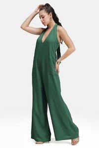 Mono verde sin mangas con cuello halter para mujer, transpirable, de cintura alta, pierna ancha, ajuste holgado, largo completo, color liso, casual, primavera-verano - Product Image 3
