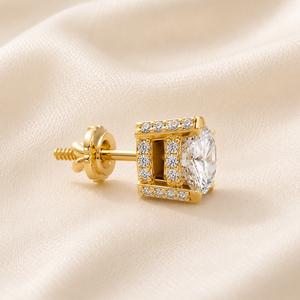 18K Solid Gold Hidden Halo Solitaire Screw <b>Back</b> Stud 2.30 CTW DEF-VVS Lab Grown Diamond Rhodium Plated IGI Certified <b>Earrings</b> - Product Image 3