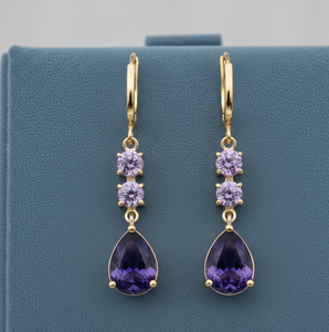 ต่างหูห้อยทรงลูกแพร์พลอยอเมทิสต์สีน้ำเงินทำมือ ราคาขายส่ง ขนาด 5 มม. ทรงกลม ชุบทอง 18K เงินสเตอร์ลิง เครื่องประดับเจ้าสาว - Product Image 1