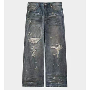 Jean droit décontracté en coton pour homme, taille moyenne, noir et bleu délavé, respirant et léger, avec logo personnalisé - Product Image 2