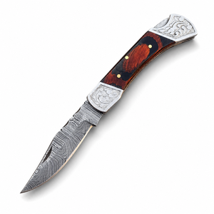 Couteau pliant artisanal en acier Damas inoxydable, pour le camping en plein air, la survie, avec manche en bois et étui en cuir, OEM - Product Image 1