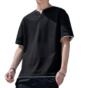 Camiseta de Manga Corta con Cuello en V para Hombre, Color Sólido, Corte Regular, Algodón Tejido, Diseño Informal con Ribete en Contraste - Product Image 2