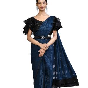 El último diseñador Chinon Seda Bordado Secuencia Trabajo Listo Para Usar Sari Por Fab Zone - Product Image 1