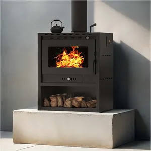Cheminée extérieure autoportante en acier noir à bois avec porte en verre et rangement pour bûches pour patio et jardin - Product Image 2