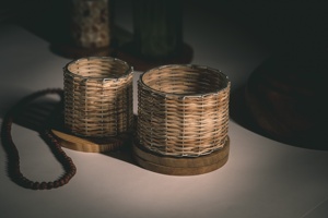 Decorative empty Handmade Plain <b>Bamboo</b>/Cane weaved Multi-functional Decorative Glass candle <b>container</b> Luxury wedding centerpiece - Product Image 2