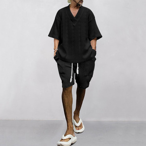 Men's Plus Size Gray <b>Knitted</b> Cotton Short Sleeve Shirt Shorts <b>Set</b> Solid Color Casual Summer Wear Breathable Quick Dry - Product Image 3
