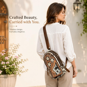 Hand Tooled Leather Hair On Cowhide Women's <b>Backpack</b> Floral Carved Genuine Leather <b>Backpack</b> <b>Purse</b> Handmade Western Fashion Style - Product Image 4