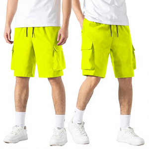 Shorts noirs pour hommes, couleur unie, taille mi-haute, cordon de serrage, shorts décontractés de style bermuda avec plusieurs poches, tissu Oxford respirant - Product Image 6