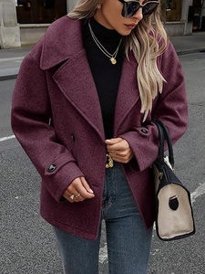Manteau court en laine pour femme, col à revers, double boutonnage, couleur unie, manches longues, chaud, décontracté, pour l'automne - Product Image 4