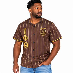T-shirts de baseball Iota Phi Theta marron doré pour hommes, à manches courtes, boutonnés sur le devant, avec motif rayé et lettres, légers - Product Image 1