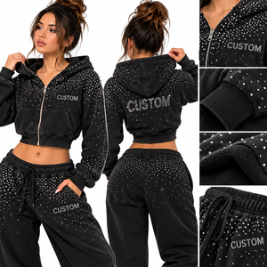 Rhinestones Zip up Crop Top Hoodies Women Streetwear High Quality Winter <b>Y2K</b> Cotton Fleece Slim Fit Rhinestone Tracksuit Sets - Product Image 5