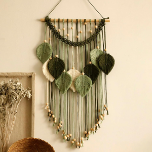 Bolso Tote Casual de Macramé Bohemio con Diseño de Hojas Verdes, Cordón de Algodón, Cuentas de Madera, Dos Asas, Capacidad 3L+, Regalo para Damas de Honor de Boda - Product Image 1