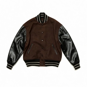 Men <b>Brown</b> <b>Wool</b> Body Black Fur Sleeves Windproof Eco-Friendly Varsity Jacket Retro Letterman Snap Button Custom Outerwear Autumn - Product Image 1