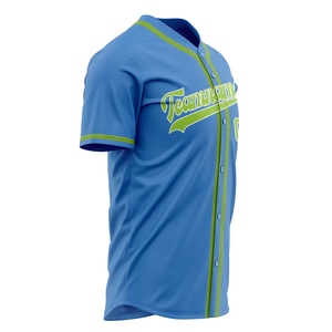 Maillot de baseball personnalisé pour homme, bleu avec bordure verte, manches courtes, col en V, tissu respirant, vêtements de sport d'équipe avec impression de numéro et de nom - Product Image 3