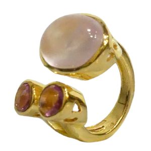 Gemvanity SR1469 Gold Plated Christian Luxury Classic Channel Setting Brilliant Cut White <b>Rainbow</b> Moonstone Pink Tourmaline Ring - Product Image 1