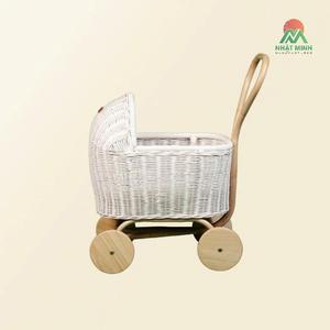 Toy doll <b>stroller</b> <b>for</b> girls; woven from natural rattan; features a wooden 4-wheel design; a toy <b>for</b> children. - Product Image 2