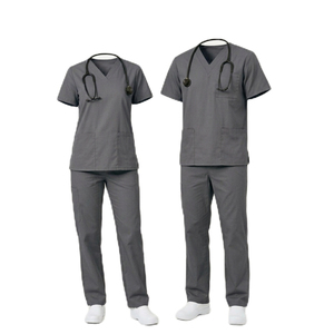 Ensemble de blouses médicales unisexe gris à col en V, manches courtes, 2 pièces, coupe régulière, respirant, en tissu Oxford polyester, détection des aiguilles, sans coutures - Product Image 1