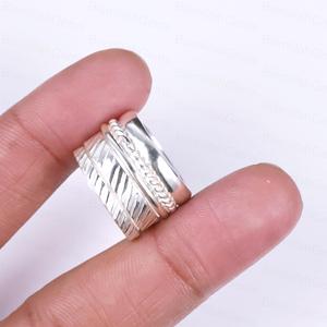 925 Sterling <b>Silver</b> Multi Layer <b>Stacking</b> <b>Rings</b> Set Oxidized Wide Band <b>Ring</b> Twisted Rope Hammered Textured Boho Statement Jewelry - Product Image 4