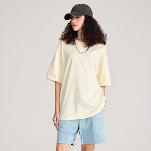T-shirt court jaune 100 % coton à col rond pour femme, coupe ample, décontracté, printemps-été, en jersey tricoté, manches courtes, couleur unie, OEM - Product Image 2