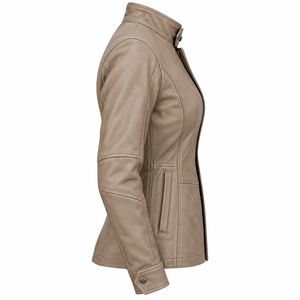 Veste en cuir beige taupe pour femme, coupe ajustée, col montant, poignets à boutons-pression, fermeture éclair sur le devant, poches latérales, style moderne décontracté, vêtement d'extérieur quotidien pour femme - Product Image 3