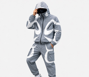 Conjunto de Sudadera con Capucha Estampada Gris y Blanca para Hombre, Estilo Urbano, Secado Rápido, Pantalones Deportivos de Poliéster, Ropa de Otoño - Product Image 4