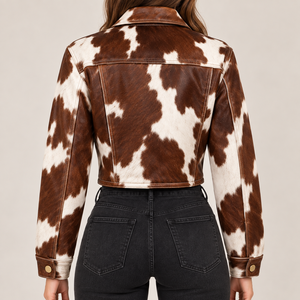 Women's Brown White Cow Print Genuine Leather <b>Trucker</b> <b>Jacket</b> Full Sleeve Lace Up Turn Down Collar Short Fit Autumn Style - Product Image 2