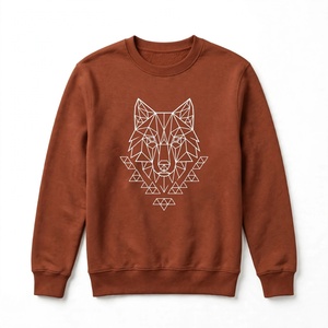 Felpa girocollo in cotone pesante <span class=keywords><strong>con</strong></span> stampa grafica geometrica di lupo, abbigliamento streetwear personalizzato da uomo, pullover oversize marrone. - Product Image 1