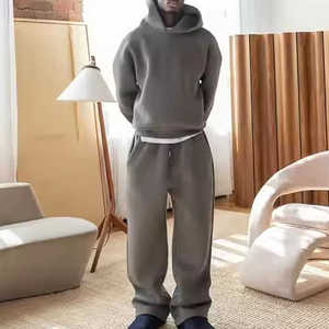 Hot Selling Custom Blank <b>Plain</b> Casual <b>Tracksuits</b> Streetwear Solid Midweight Cotton Fleece Breathable Boxy Hoodie Unisex Men - Product Image 3