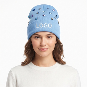 Bonnet tricoté personnalisé pour femme, broderie, bleu, chaud, hiver, doux, décoré de perles et de strass, pour temps froid - Product Image 1